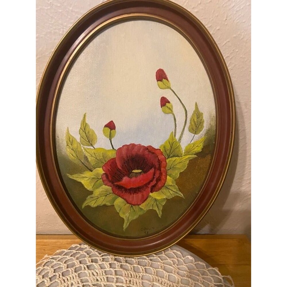 Vintage Original Oil Painting Oval Faux Wood Frame